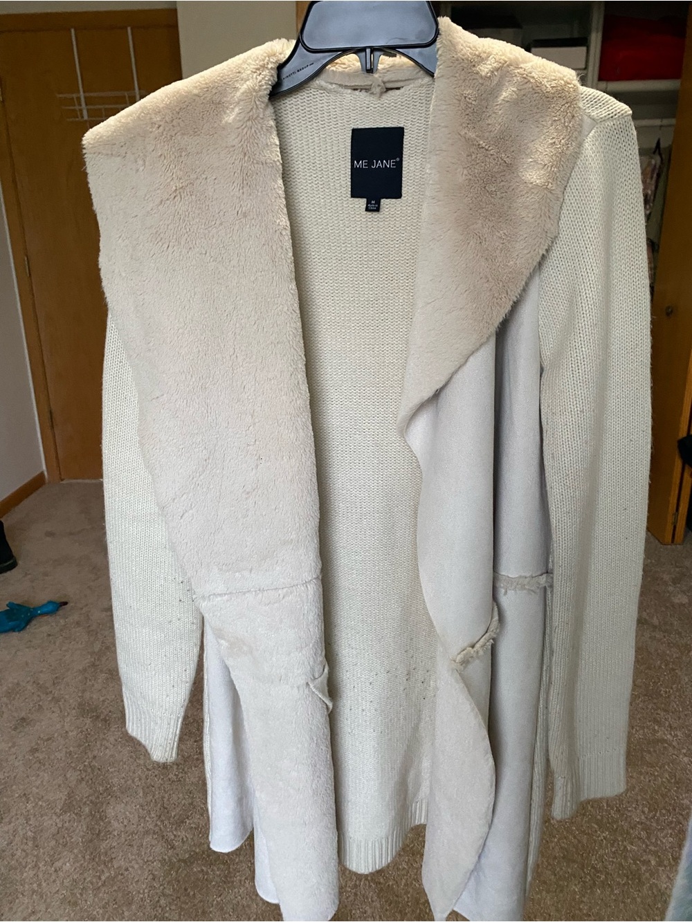 Me Jane Cream Open Faux Shearling Drape Cardigan